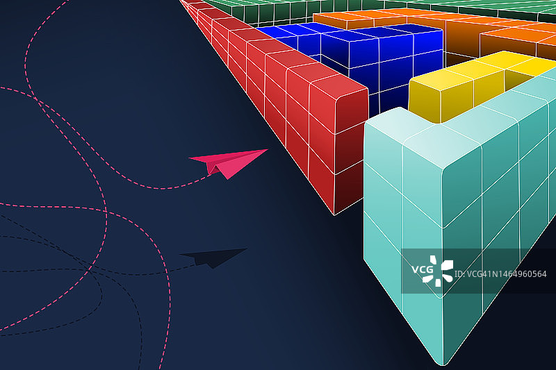 没有人的选择概念插图：立方体盒子的迷宫和显示选择可以创造不同结果的纸火箭图片素材