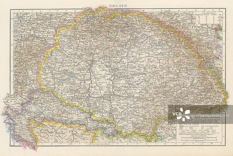 匈牙利彩色石印古地图图片素材