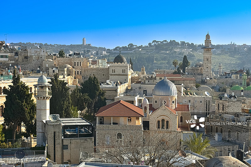 耶路撒冷老城区的独特城市景观高角度视图（联合国教科文组织遗产）图片素材