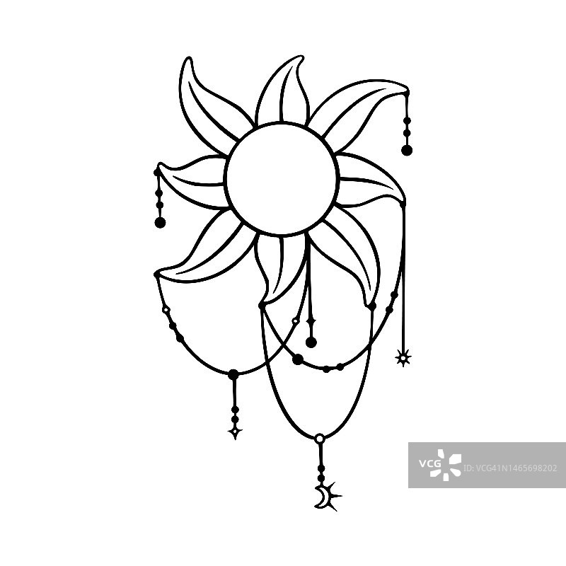 塔罗太阳素描，带有月亮和星星吊坠的Boho塔罗太阳元素，矢量插图图片素材
