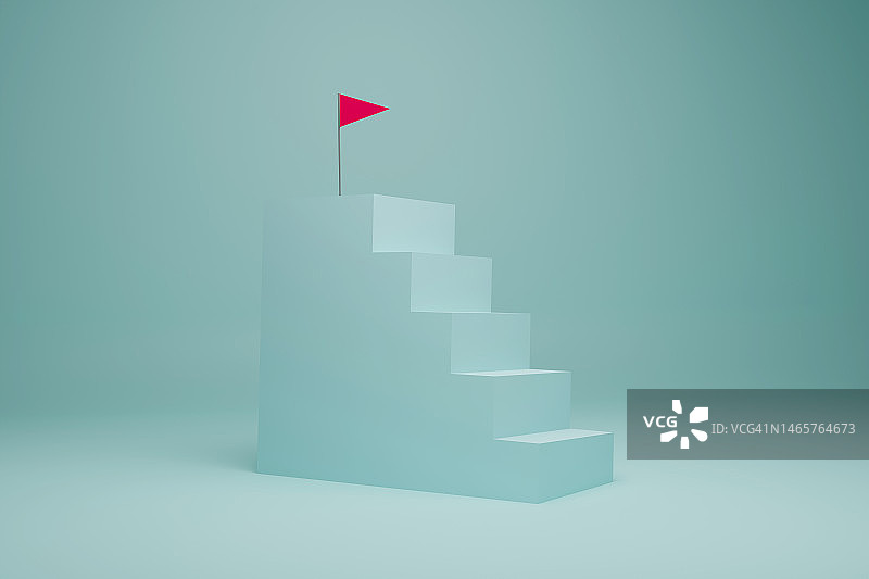 带红旗的蓝色楼梯，目标概念3D渲染照片图片素材