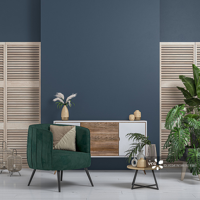 舒适的复古别致室内设计，配有装饰艺术扶手椅、橱柜和盆栽植物，50-60年代装饰图片素材