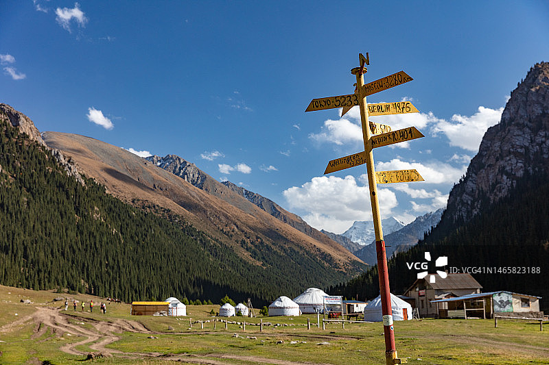 吉尔吉斯斯坦喀喇昆仑山脉阿尔金-阿拉善山谷的蒙古包营地，2019年图片素材