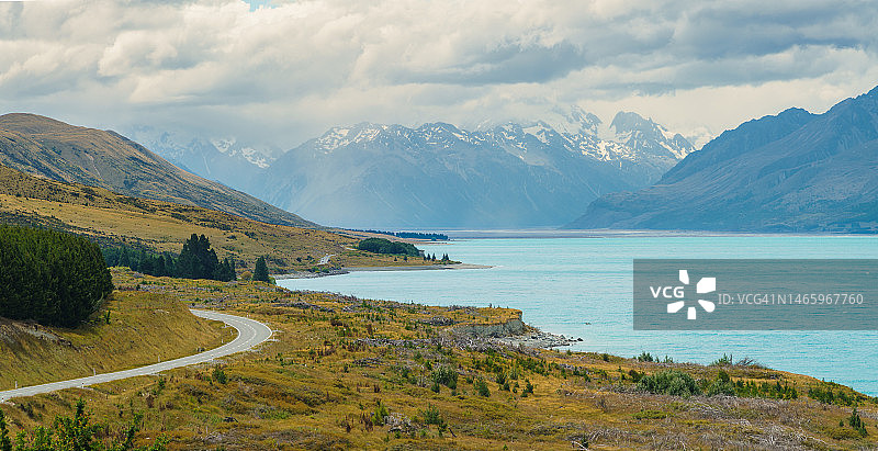 普卡基湖，坎特伯雷，新西兰山景图片素材