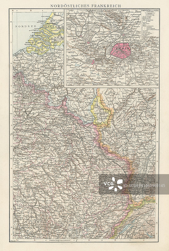 法国东北部旧彩色石印地图图片素材