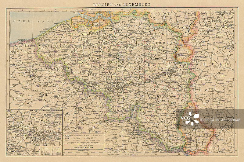 比利时和卢森堡的彩色石印地图图片素材