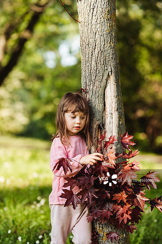 儿童探索世界自然：小女孩触摸林地里的树干图片素材