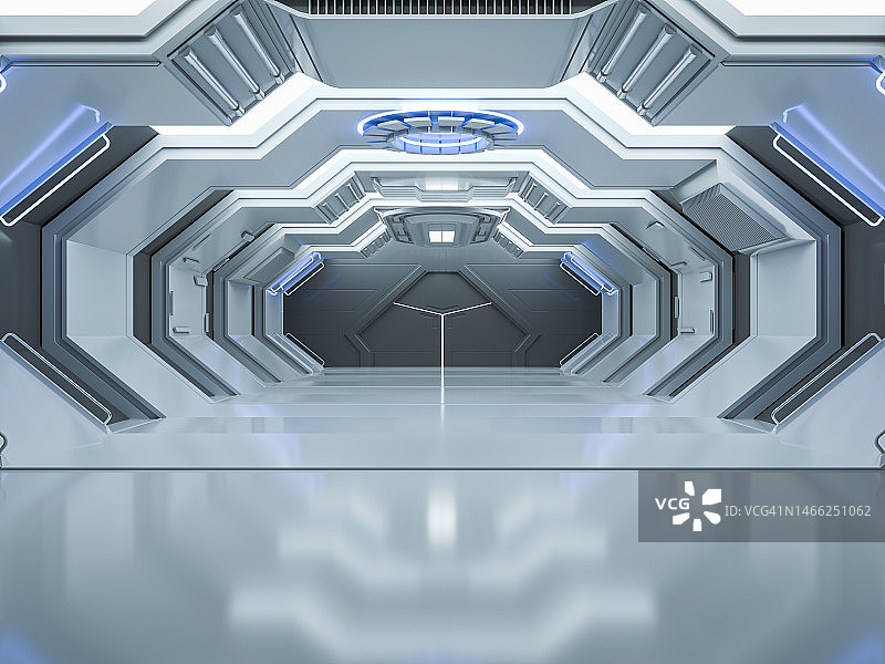 照亮未来派宇宙飞船走廊的3D渲染插图图片素材