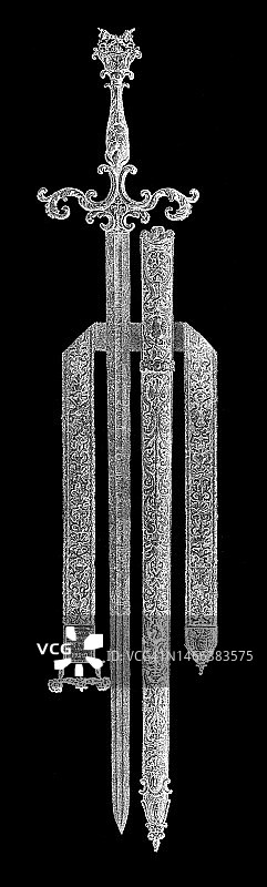 据说是波兰国王的剑的古老雕刻插图图片素材