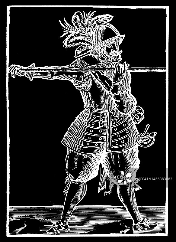 詹姆斯一世时期的长矛兵与火枪手古版画插图图片素材