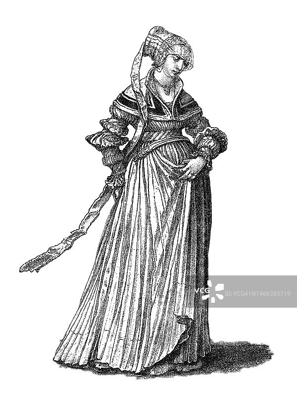 16世纪初巴塞尔女性服饰古老雕刻插图图片素材