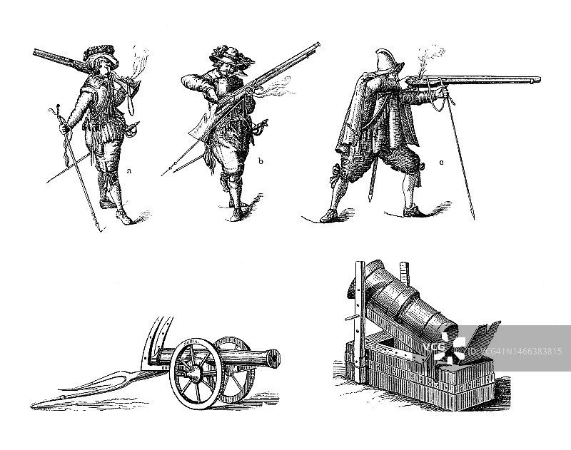火枪手军事演习古老雕刻插图，配有火绳枪和16世纪臼炮图片素材