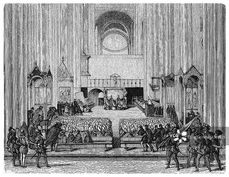 天主教会第19次大公会议：特伦托会议古版画插图图片素材