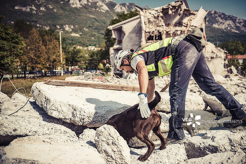 救援人员在搜救犬的帮助下进行搜索图片素材