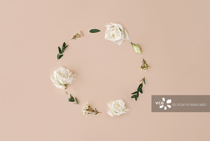 各种花卉和树叶组成圆形框架，留有文案空间，抽象的自然构图，极简主义的扁平风格，春季概念图片素材