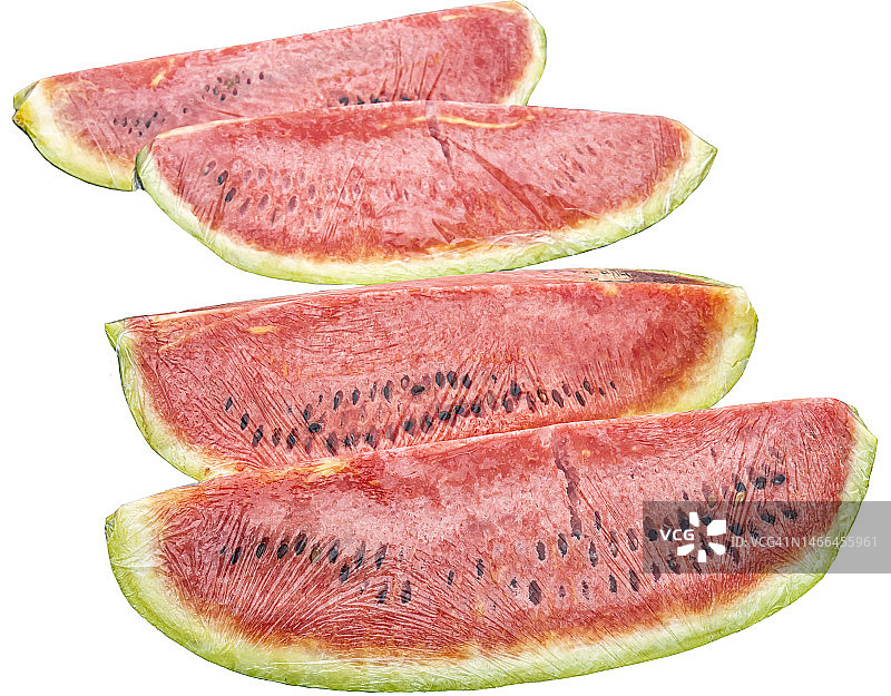 用塑料箔包裹的四块西瓜的分离图像图片素材