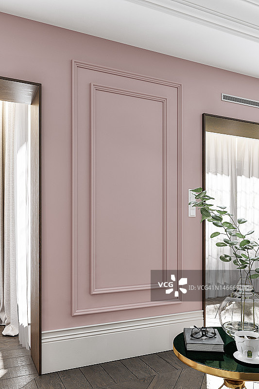 空旷的经典优雅内饰侧视图，白色法式复古墙面背景，装饰和可复制空间图片素材