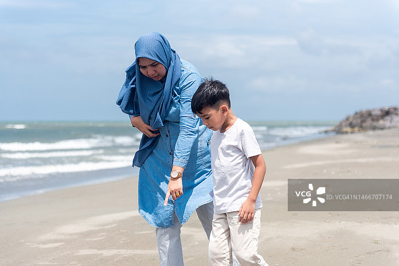 母子在海滩上寻找贝壳图片素材