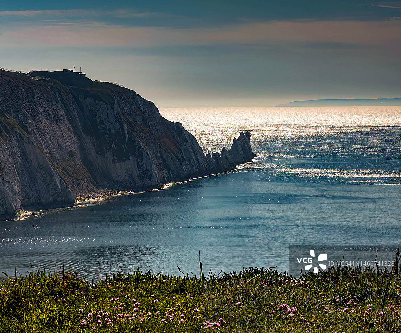 英国针岩海景日落图片素材