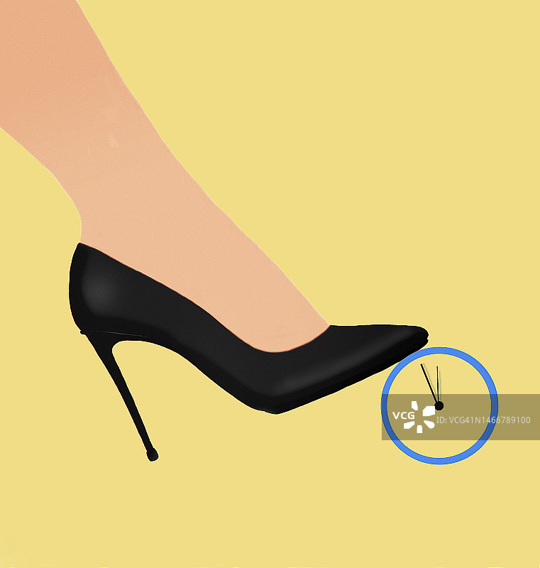 穿高跟鞋的女人踩在时钟上图片素材