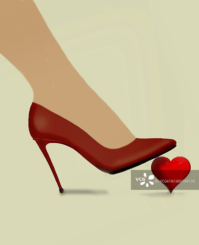 穿着红色高跟鞋的女人踩在心上图片素材