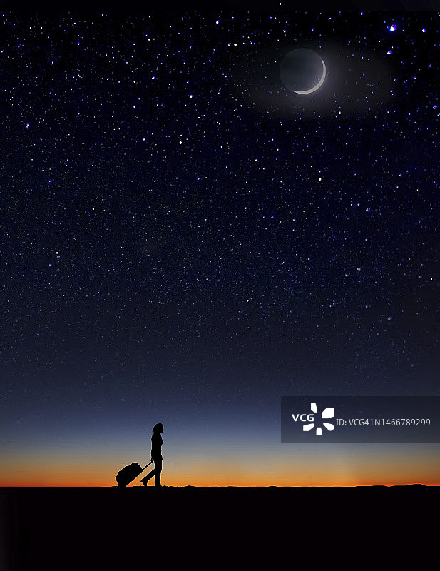 星空下独自旅行的女人插画图片素材