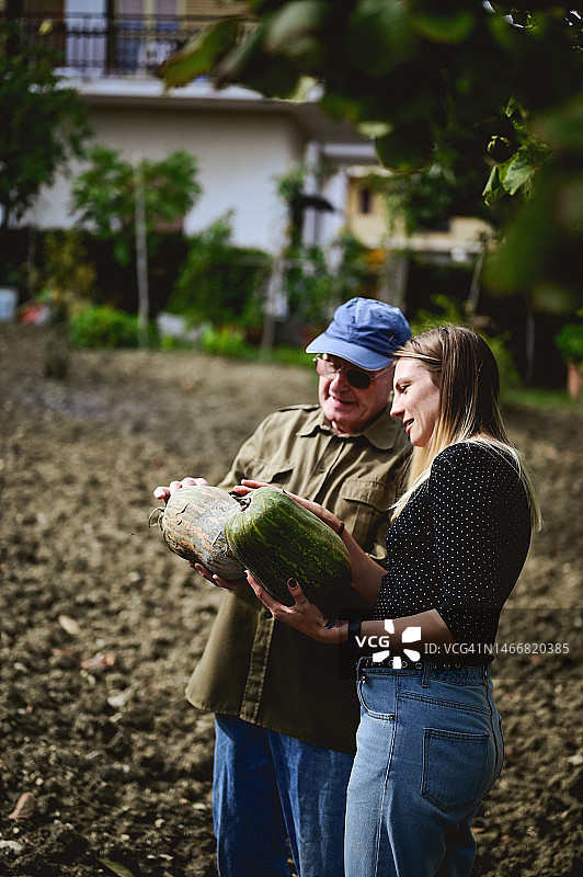 秋天，女人在温室里帮助她的父亲图片素材