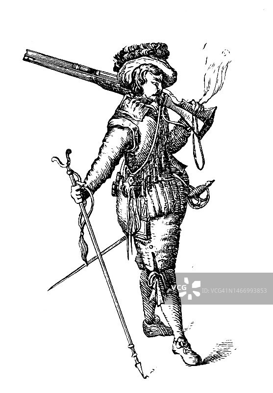 火枪手军事演习的古老雕刻插图图片素材