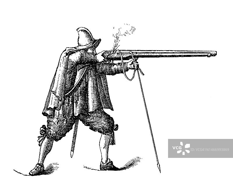 火枪手军事演习的古老雕刻插图图片素材