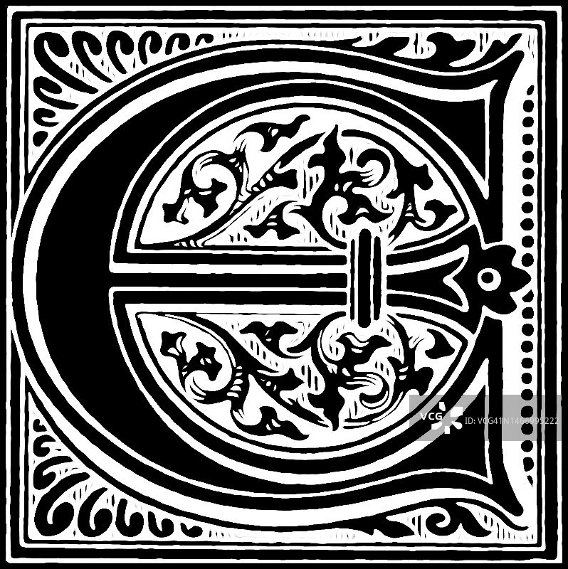 字母E的古老雕刻装饰插图图片素材