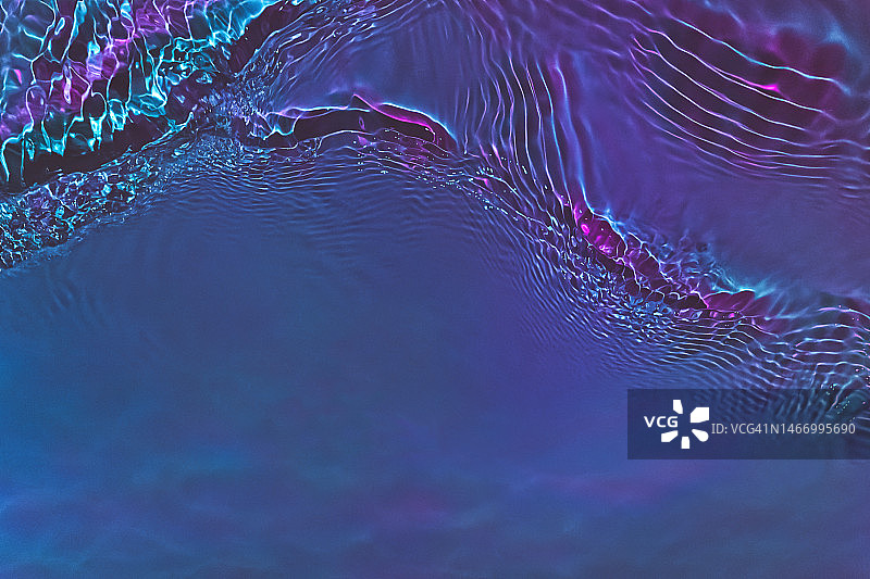 带有波纹、飞溅、波浪的深色全息紫色、粉色、蓝绿色、薄荷绿色透明水面纹理图片素材