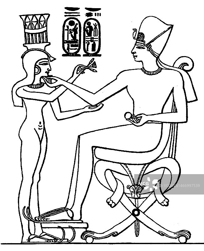 拉美西斯三世家庭生活场景古老雕刻插图图片素材