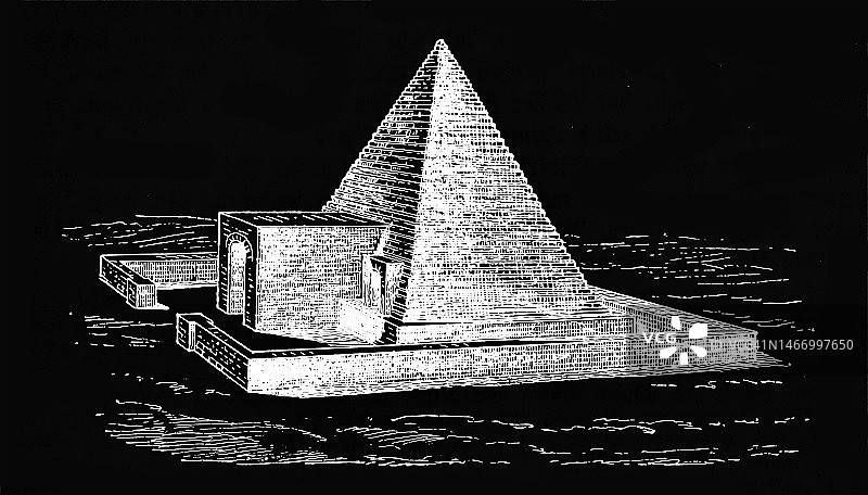 埃及阿拜多斯墓金字塔的古老雕刻插图，位于尼罗河西岸索哈格附近图片素材