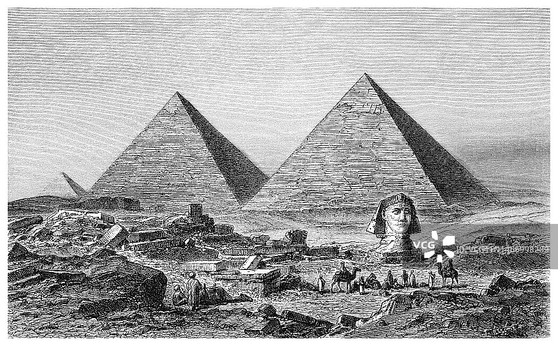 古埃及建筑的古老雕刻插图：狮身人面像和吉萨金字塔图片素材