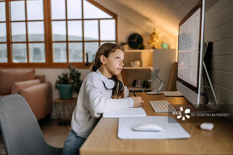 女学生在家通过在线视频课程学习图片素材