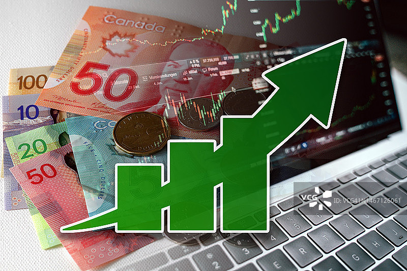 经济图表：上升箭头、加拿大元现金和股市指标图片素材