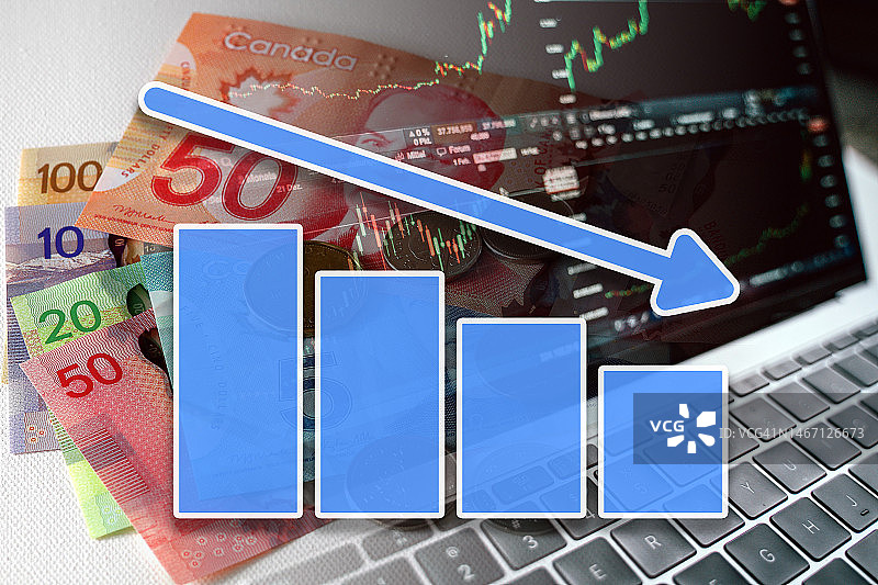 经济走势图：下跌箭头、加元现金和股市指标图片素材