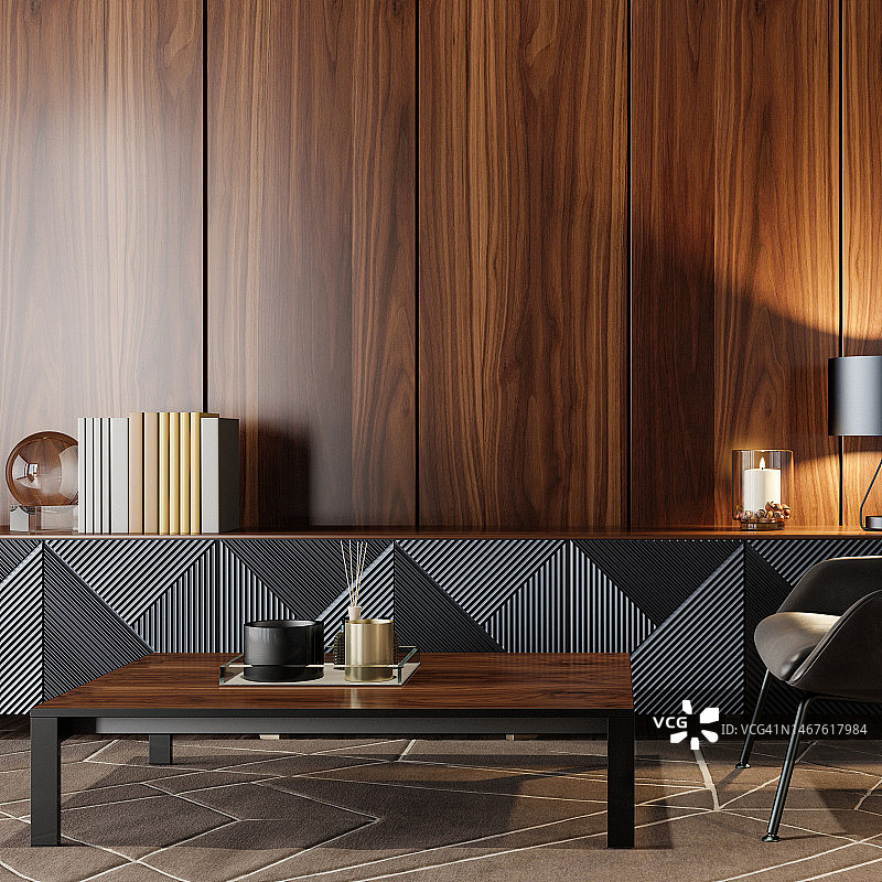 带75英寸电视的深色豪华客厅内饰图片素材