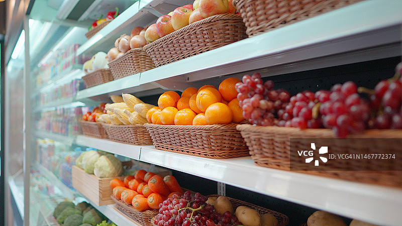 超市蔬果区货架上的新鲜产品。超市或购物中心货架上丰富的新鲜健康有机水果和蔬菜。健康食品，烹饪食材图片素材