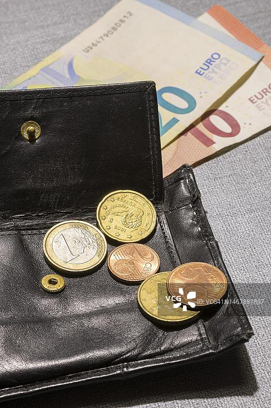 装有欧元硬币和纸币的钱包，德国图片素材