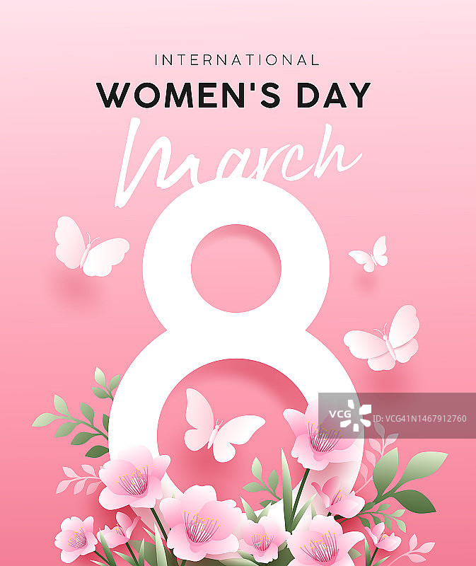 国际妇女节3月8日鲜花蝴蝶粉色背景海报设计图片素材