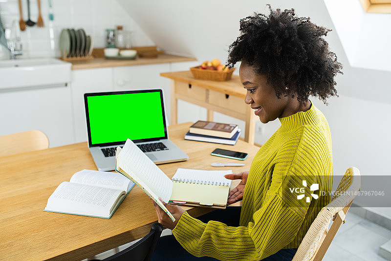 在大学宿舍学习的快乐非洲女学生图片素材