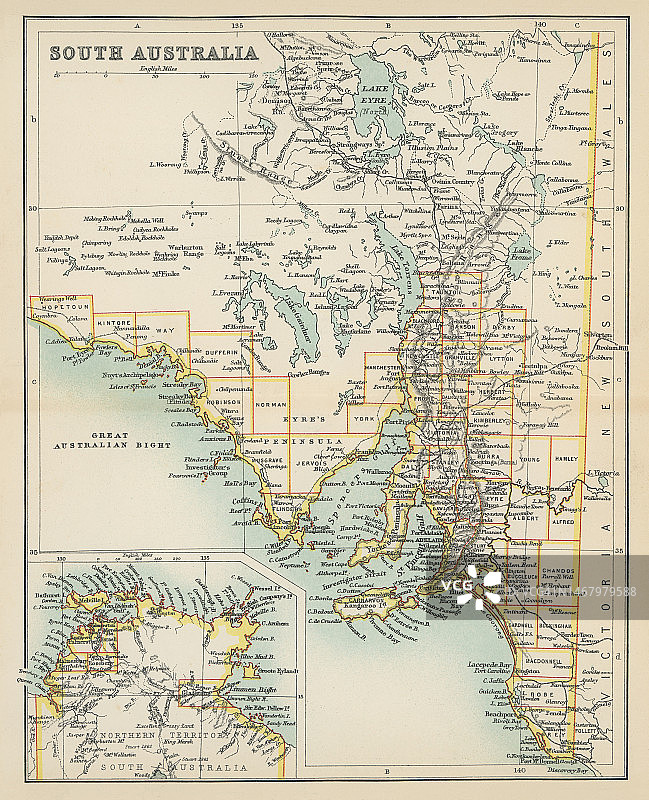 南澳大利亚古老的彩色石印地图图片素材