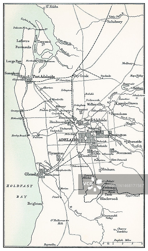 澳大利亚南澳大利亚州首府阿德莱德彩色石印地图图片素材