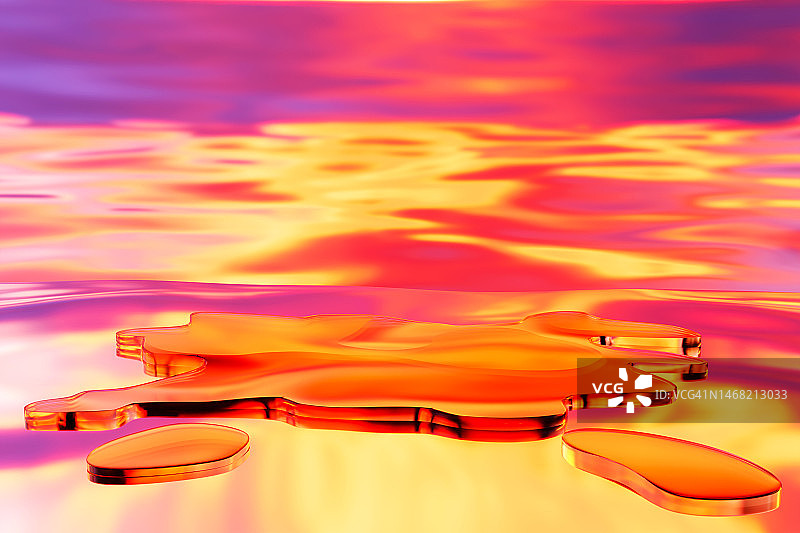 橙色液体展示台，3D粉色、紫色、黄色天空背景图片素材