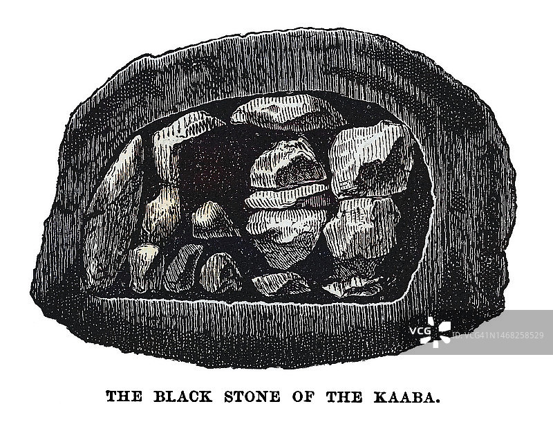 麦加黑石（伊斯兰教，穆斯林在朝觐期间参观位于清真寺天房内的黑石）古版画图片素材