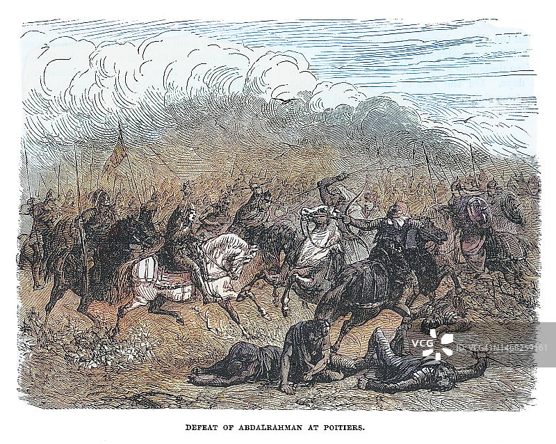 普瓦捷战役（1356年9月19日）的古老雕刻插图图片素材