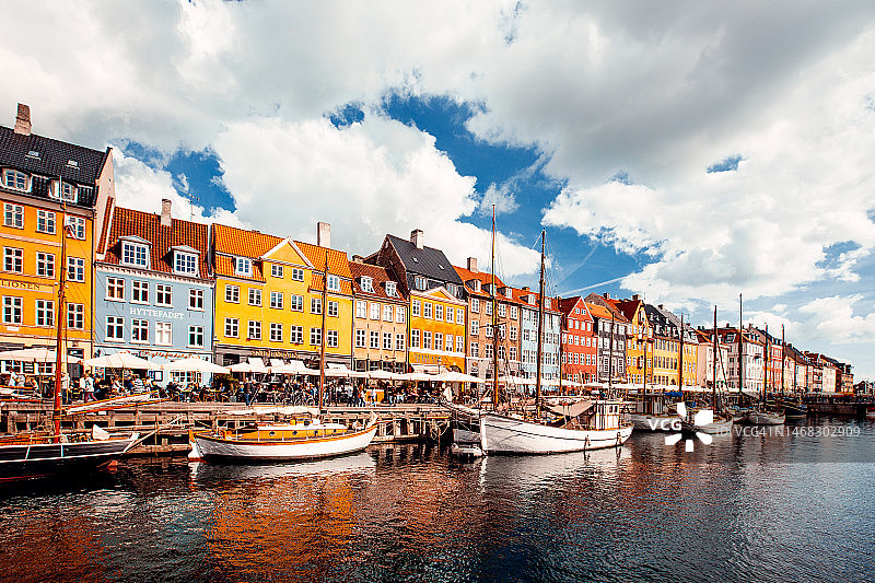哥本哈根新港的广角景观，丹麦图片素材
