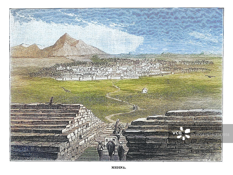 麦地那古城雕刻插图，沙特阿拉伯麦地那省首府，伊斯兰教第二大圣城图片素材