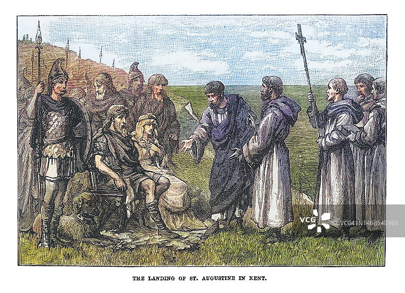 老式雕刻插图：圣奥古斯丁登陆肯特郡（公元597年）图片素材